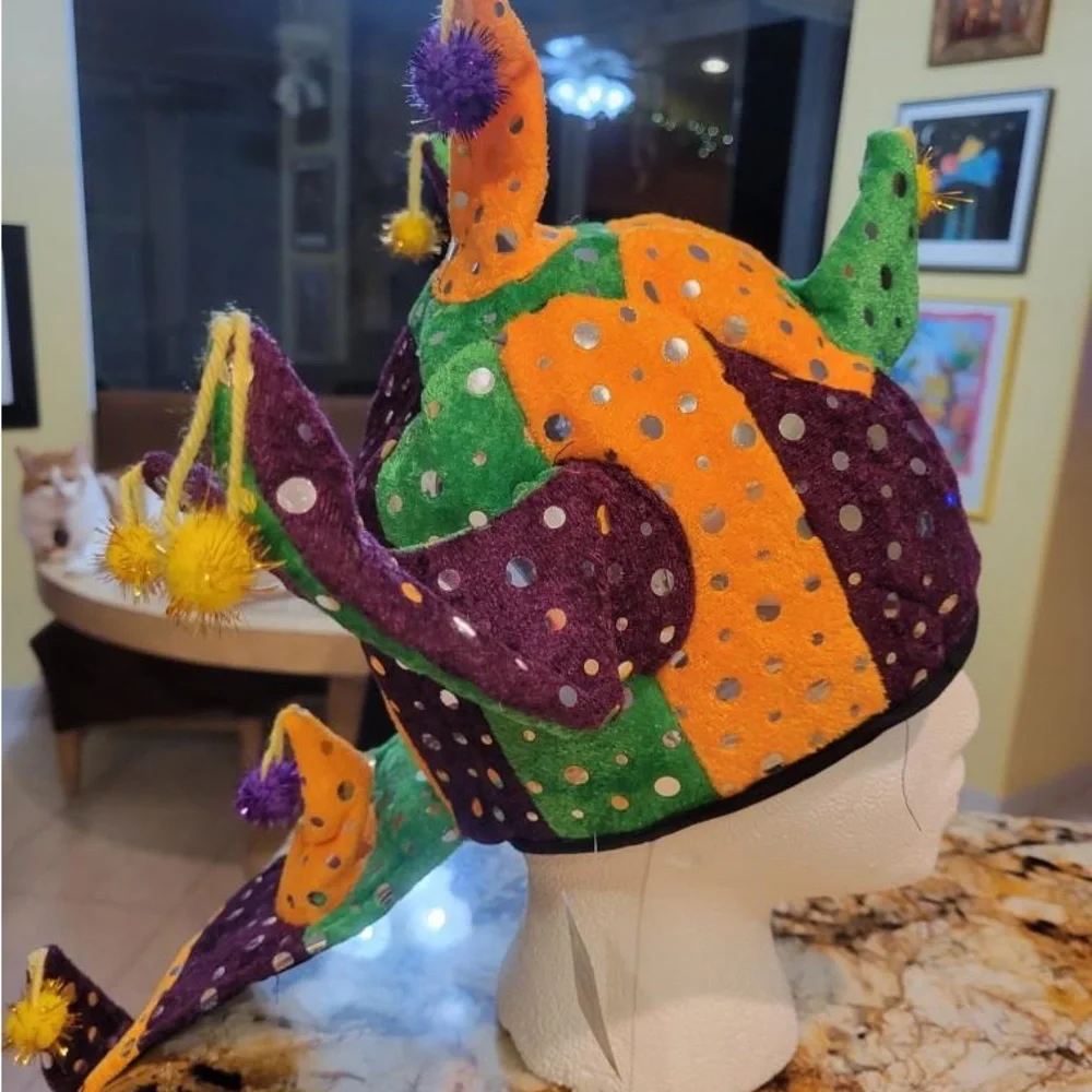 NEW - Mardi Gras Jester hat in purple gold green and sequin embellishment & tail